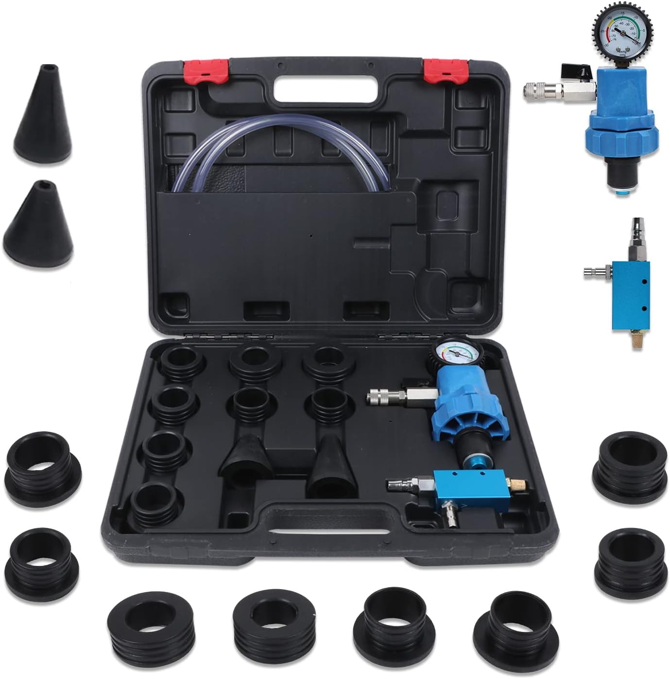 Universal Coolant Vacuum Refill Kit with Dual Scale Pressure Gauge, 2PCS Rubber Plug and 8PCS Rubber Adapters, 35mm 40mm 45mm 55mm, Pack of 2 P239072