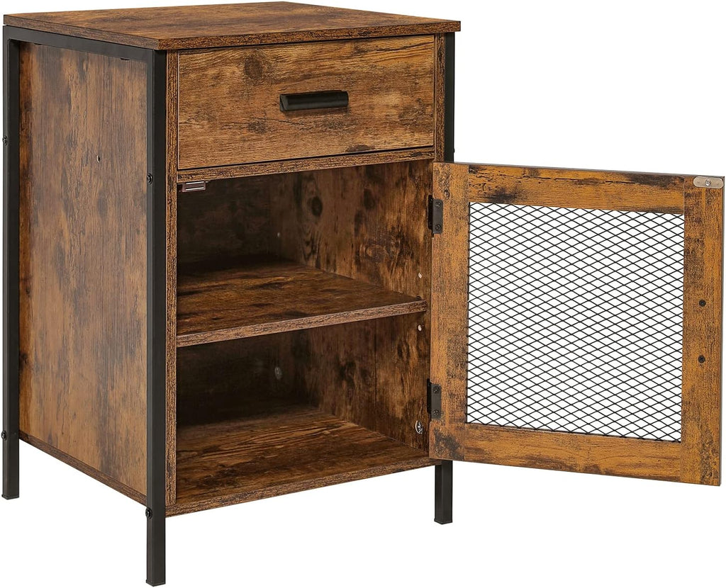 Rustic Brown End Table with Drawer and Mesh Door B292