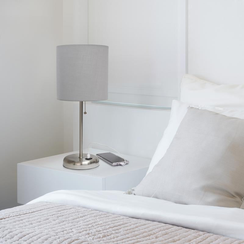 Gray Fabric Shade Stick Lamp with USB Charging Port Z2673