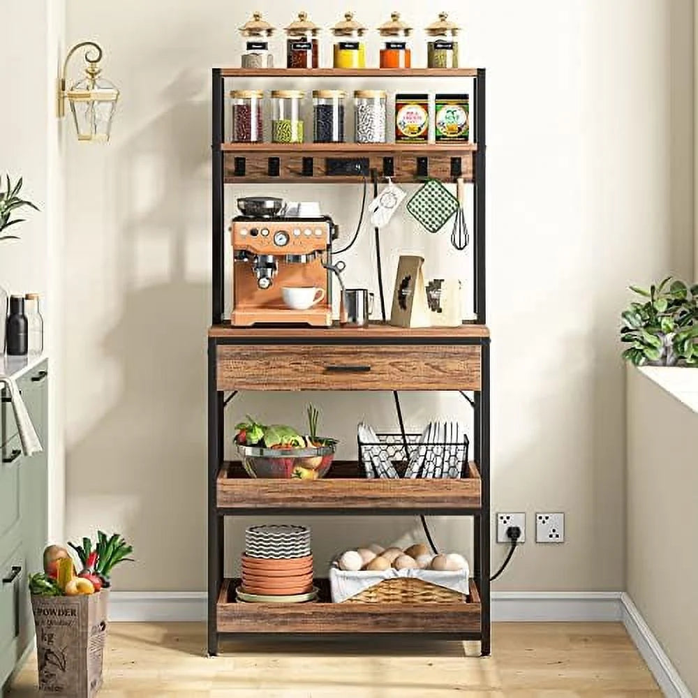 Rustic Brown 5-Tier Kitchen Bakers Rack with Power Outlets X2186
