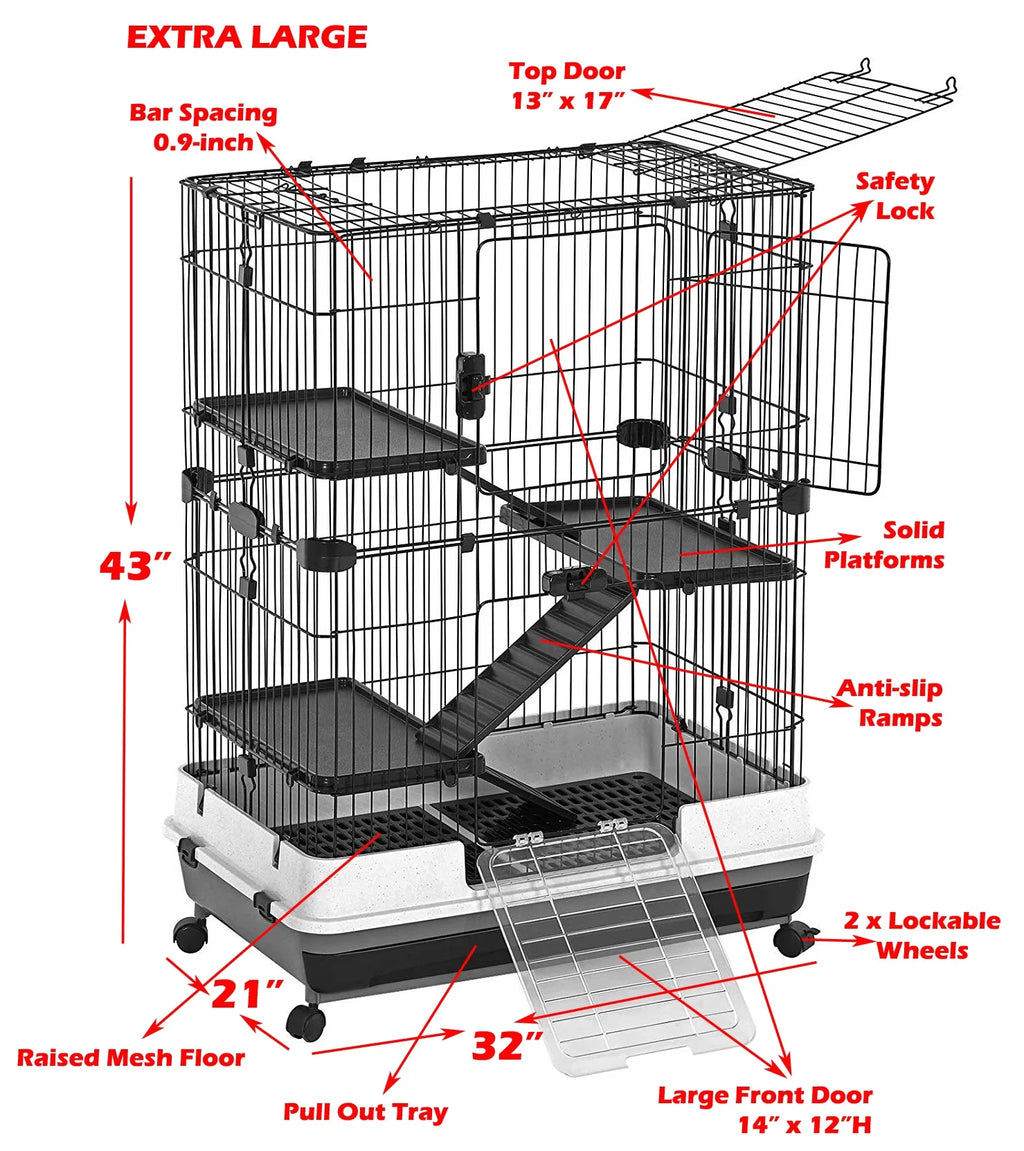 X-Large 43” 4-Story Indoor/Outdoor Rabbit Guinea Pig Hutch Cage with Washable Tray I464