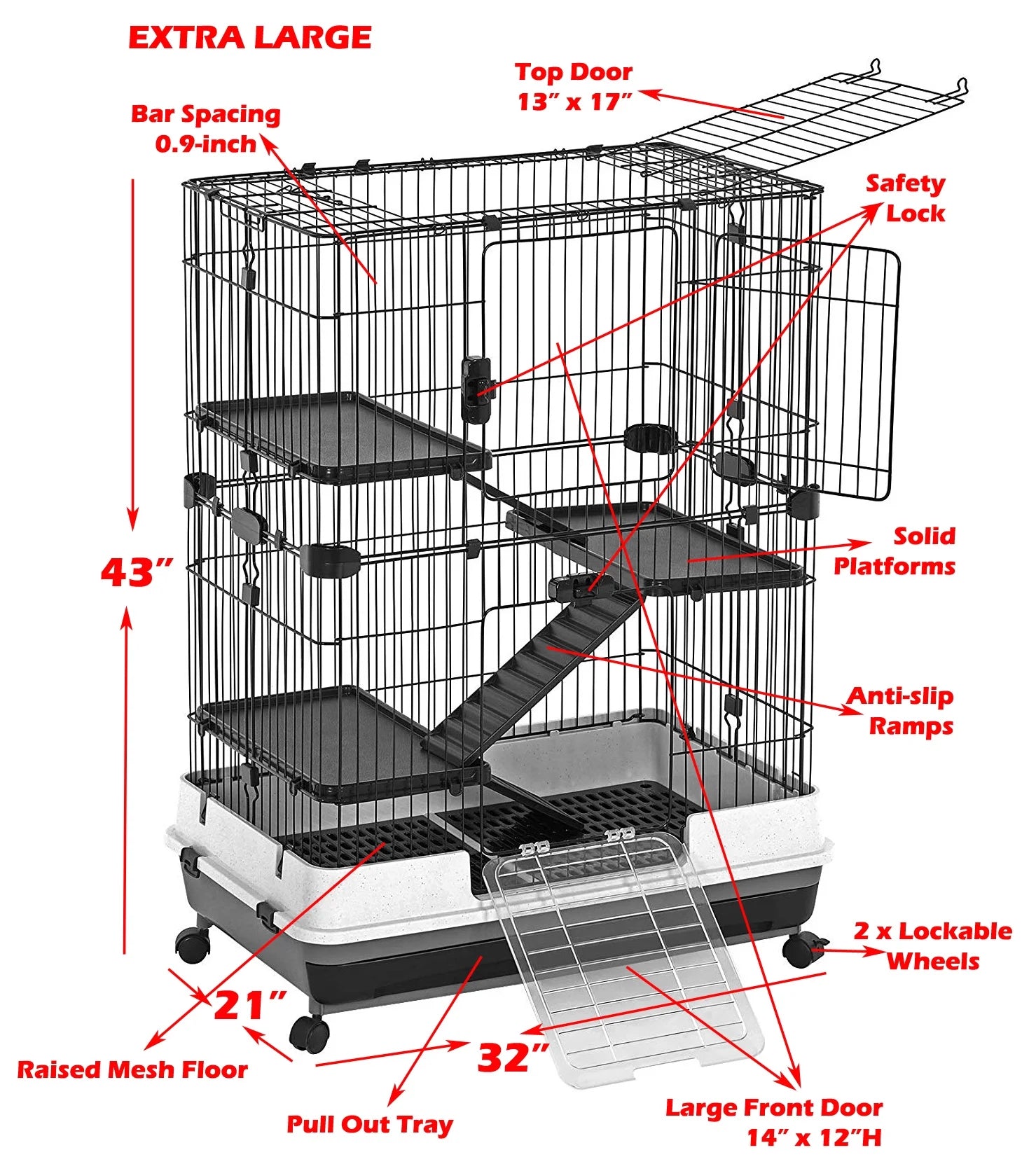 X-Large 43” 4-Story Indoor/Outdoor Rabbit Guinea Pig Hutch Cage with Washable Tray I464