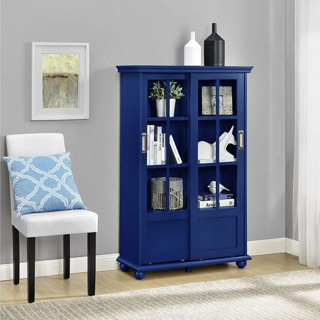 Navy Blue 4 Shelves Wooden Bookcase with Glass Door Q978