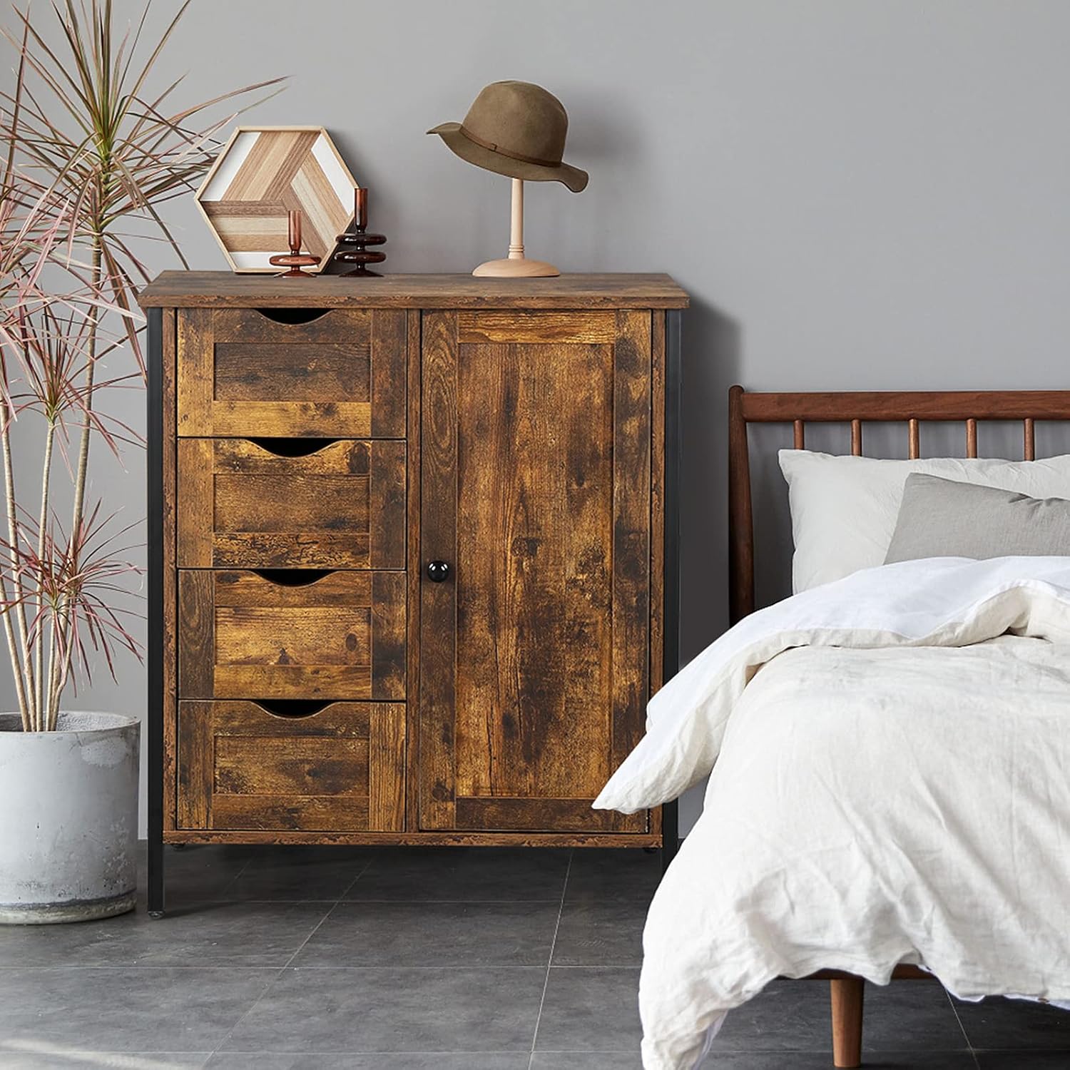 Rustic Brown 4 Drawer 1 Door Wooden Metal Frame Bathroom Floor Cabinet C8141