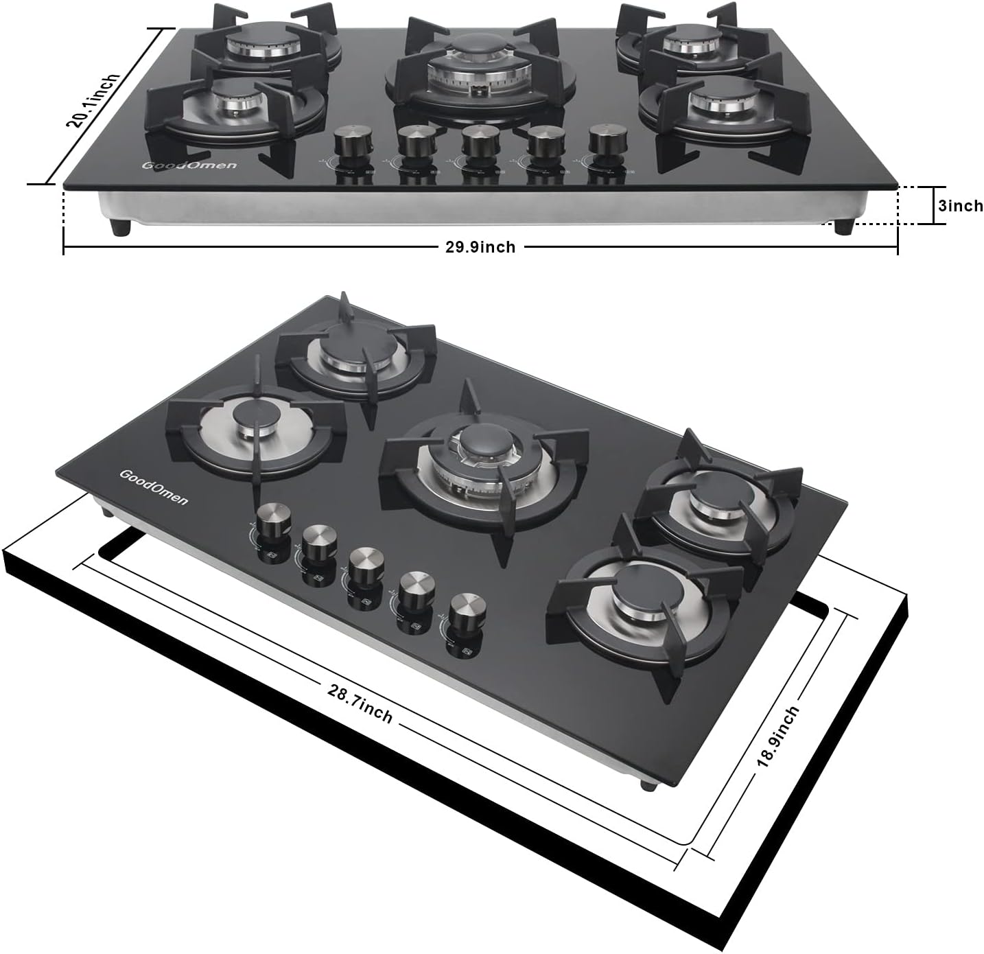 30 Inch 5 Burner Gas Cooktop with Cast Iron Grates M98876