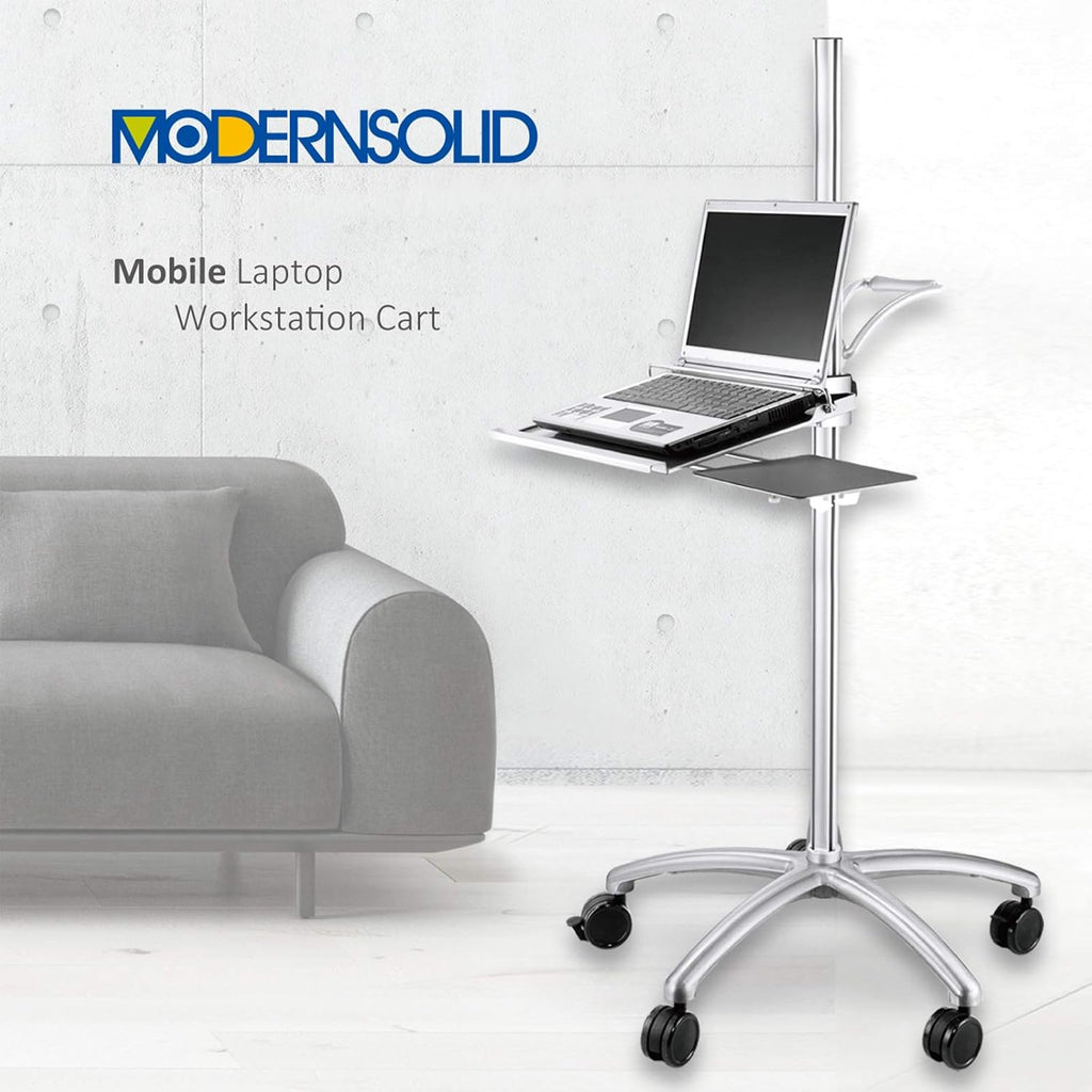 Aluminum Mobile Laptop Cart on Wheels, Height Adjustable Rolling Laptop Stand with Mouse Tray F301