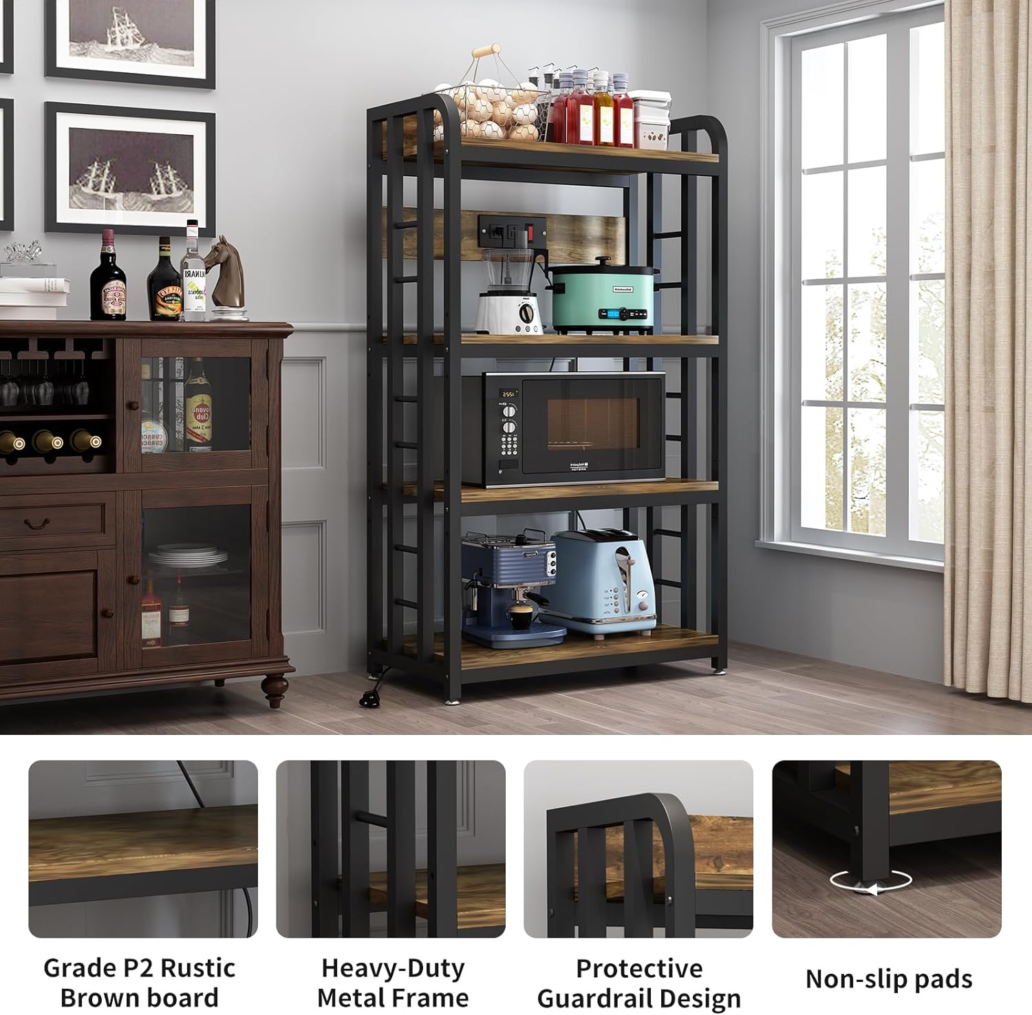 Rustic Brown 4-Tier Kitchen Baker's Rack with Power Outlet Z1808