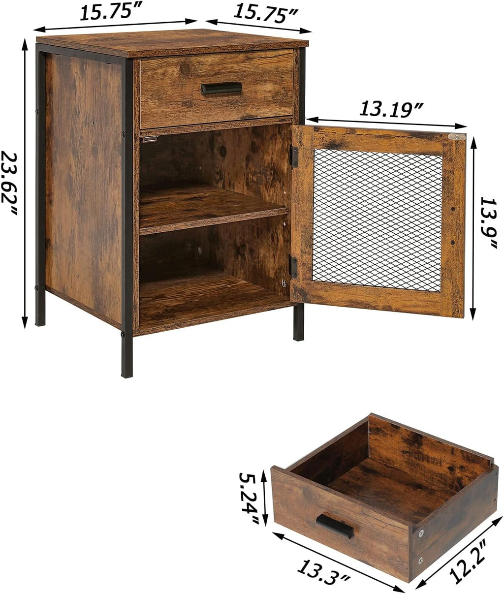 Rustic Brown End Table with Drawer and Mesh Door B292