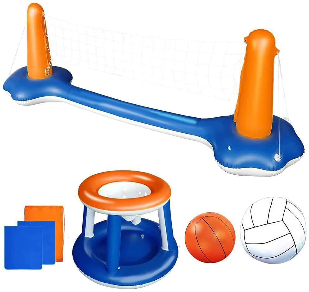 2-in-1 Inflatable Pool Basketball Hoop and Volleyball Set with Pool Net, Weight Bags I552