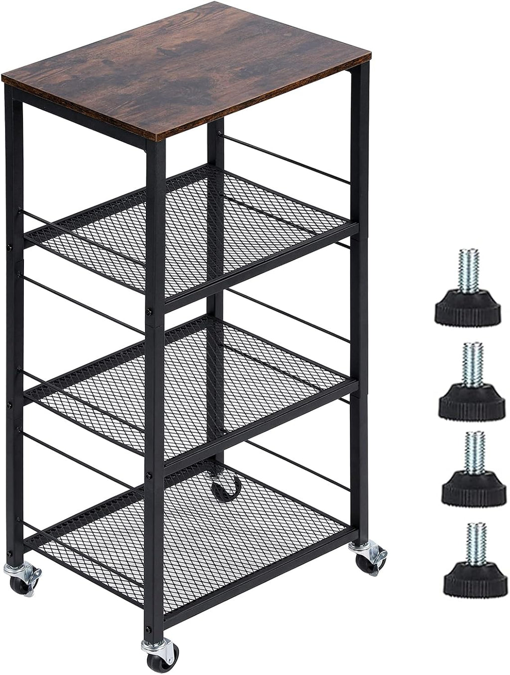Industrial Kitchen Cart with Wheels 4 Tier Metal Frame Wooden Top Storage Shelves Serving Cart Trolley X27908