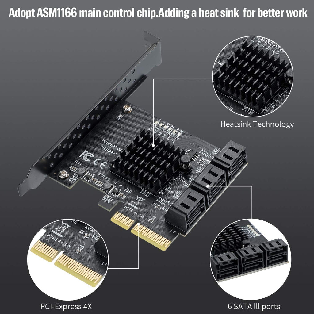 PCIe SATA Card 6 Ports SATA III Controller Expansion Card with 6 SATA Cables Pack of 2 F8875