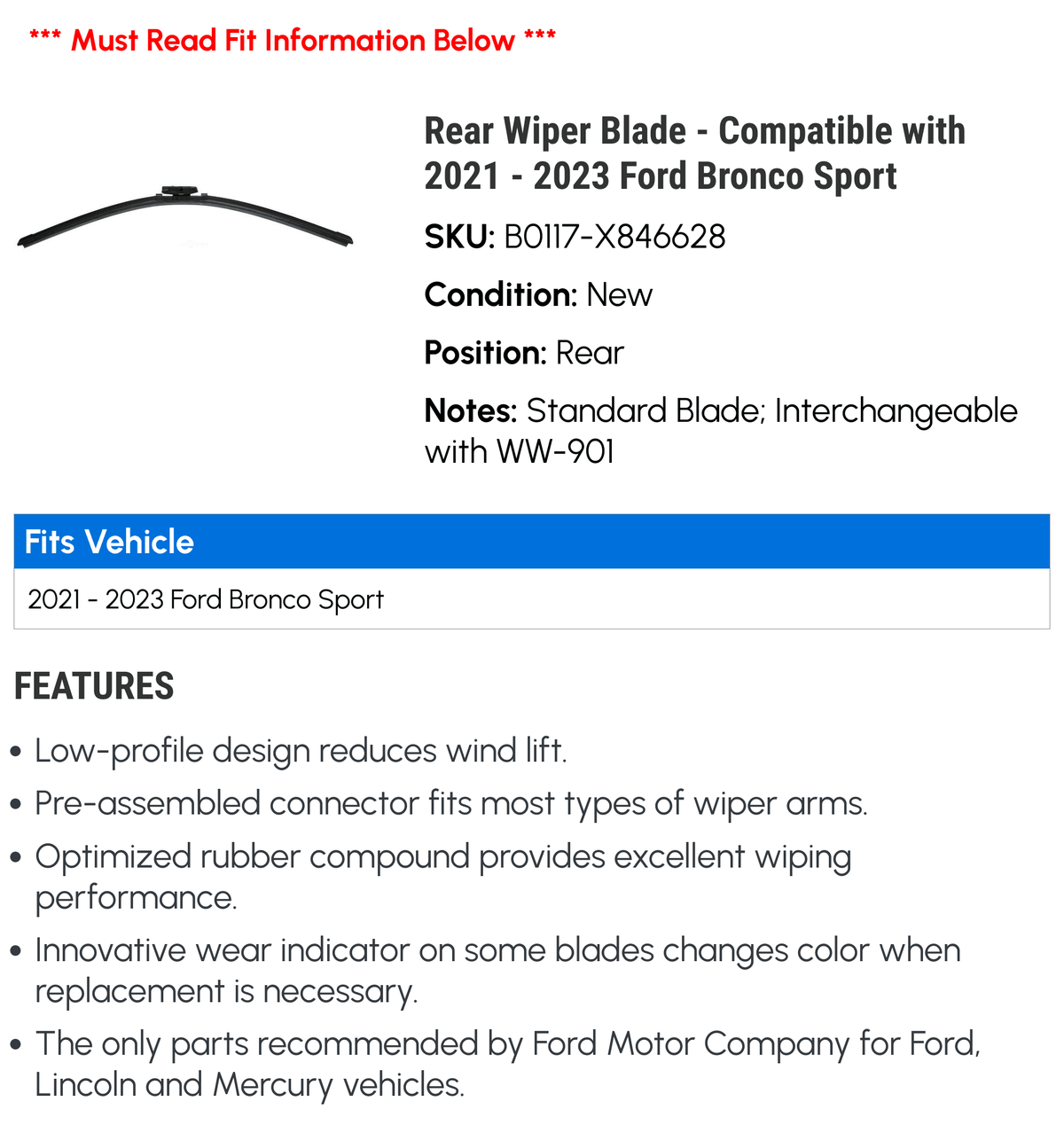 Rear Wiper Blade for Ford Bronco Sport D2784