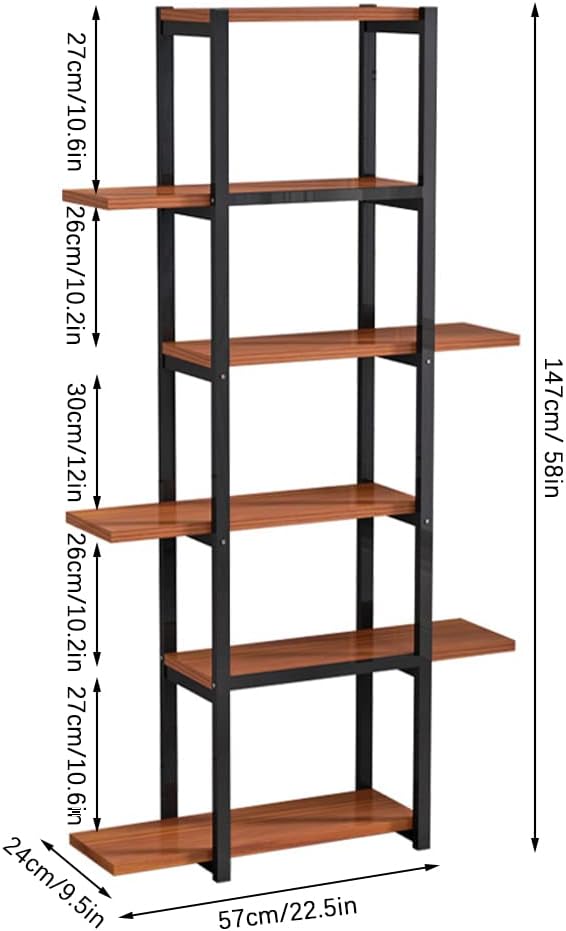 6-Tier Metal Frame Wooden Bookshelf (Red Oak) R433