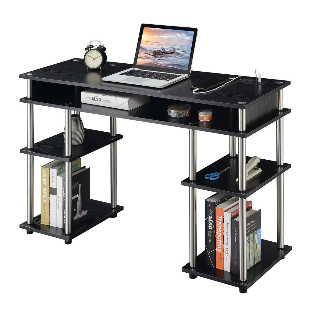 Black Student Desk with Charging Station and Shelves Y762