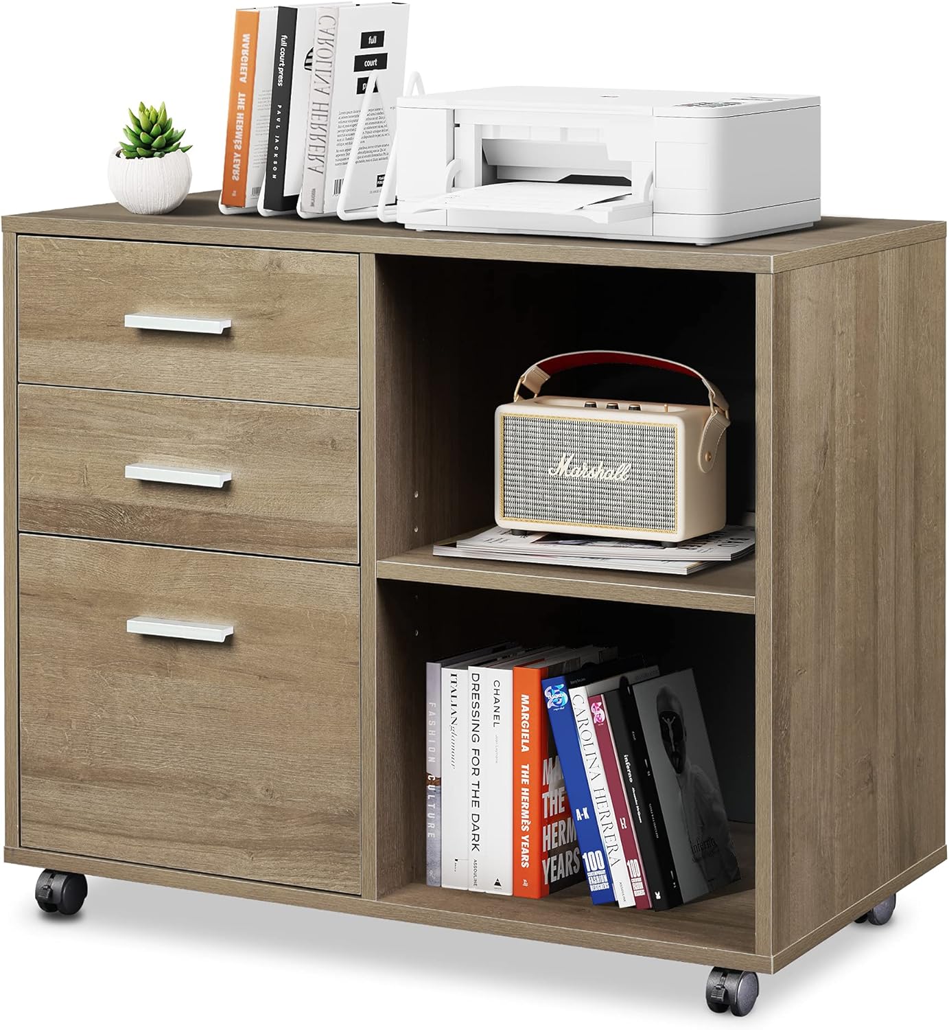 Black 3-Drawer Wood Mobile Lateral Filing Cabinet with Open Storage Shelves U682335
