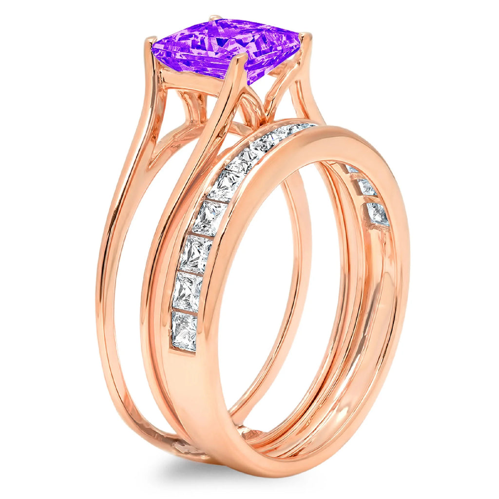 18K Rose Gold Amethyst Solitaire Bridal Set SZ 4.5 X455884