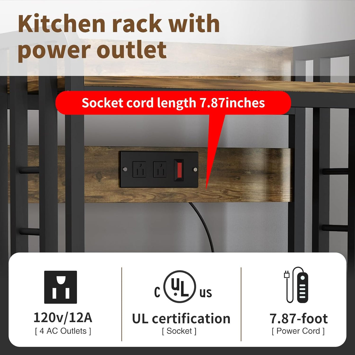 Rustic Brown 4-Tier Kitchen Baker's Rack with Power Outlet Z1808