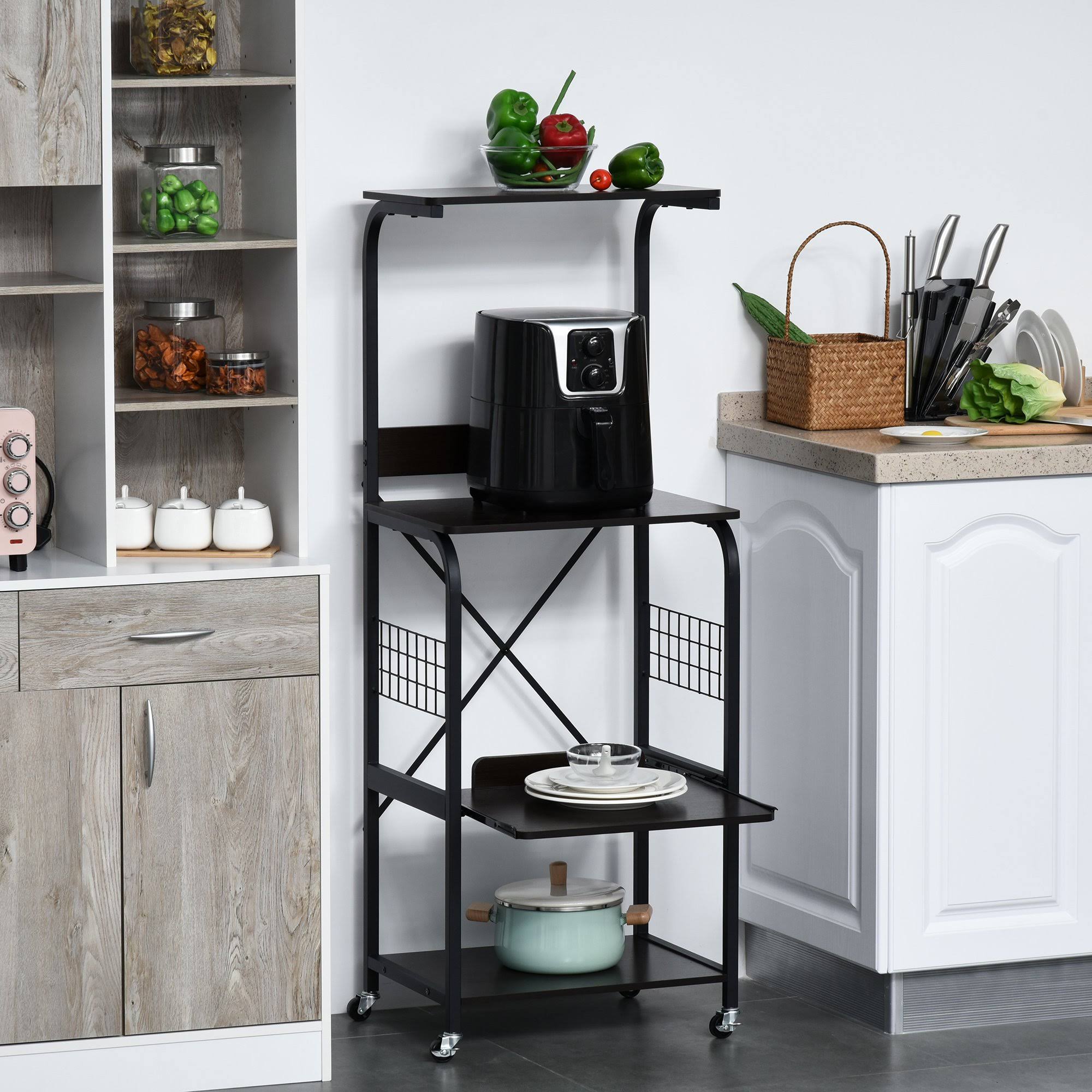 Black 4-Tier Rolling Kitchen Storage Shelf with Side Wire Grids W5946