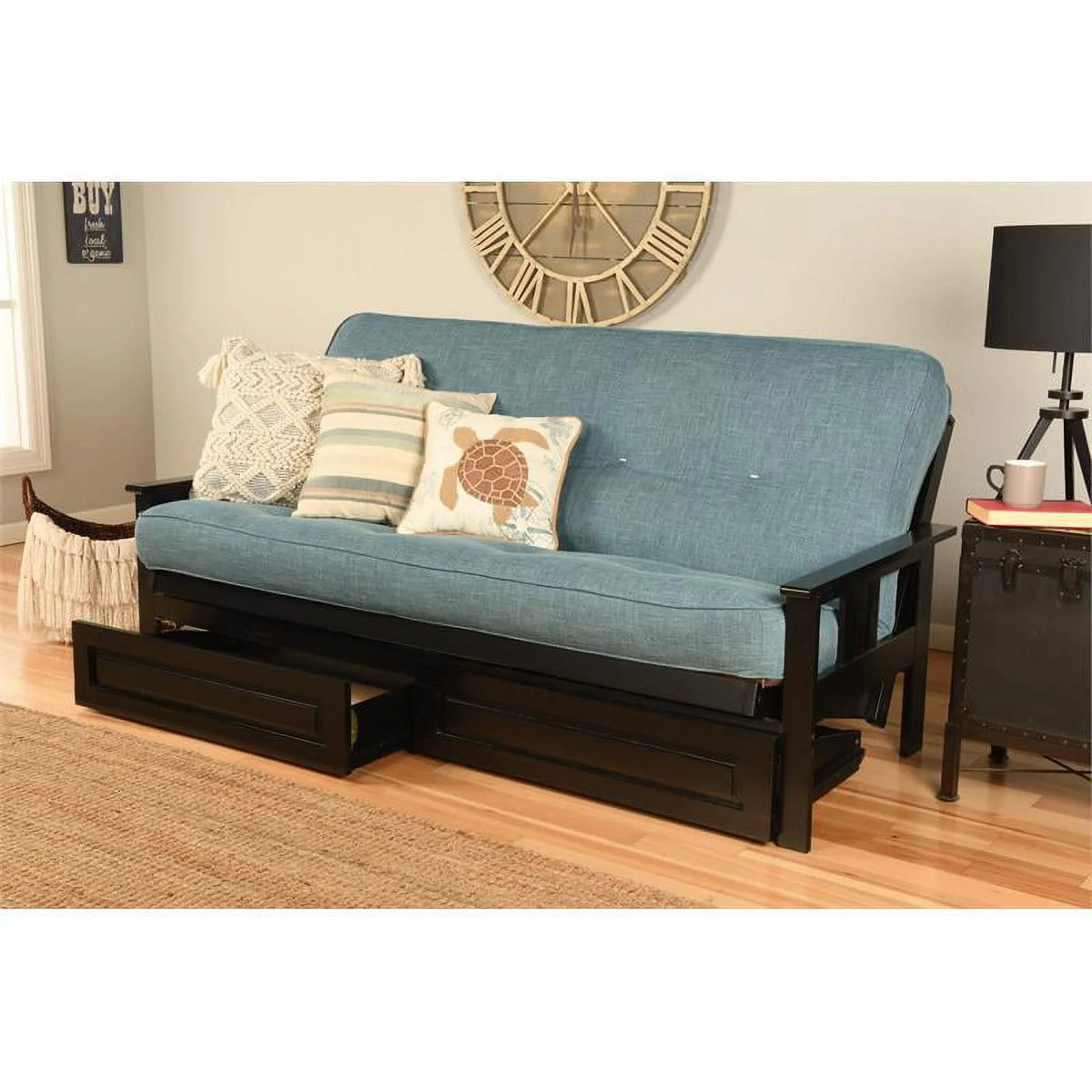 Aqua Blue/Black Linen Fabric Futon L967