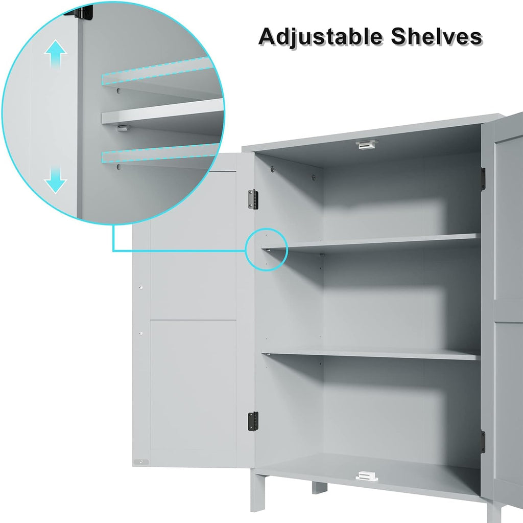 Gray Wooden Bathroom Floor Storage Cabinet with 2 Doors & Adjustable Shelves I9058
