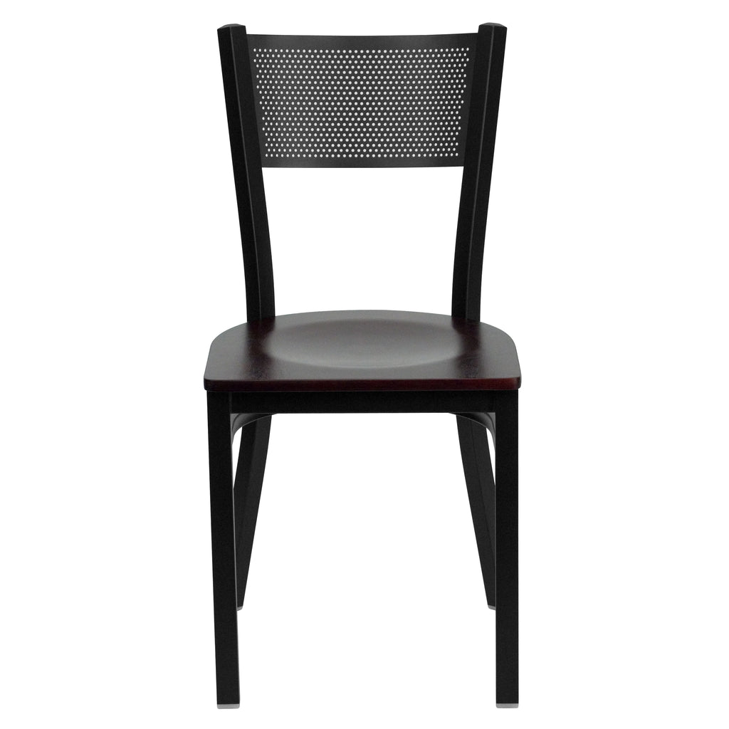 Black Grid Back Metal Restaurant Chair with Mahogany Wood Seat A8542