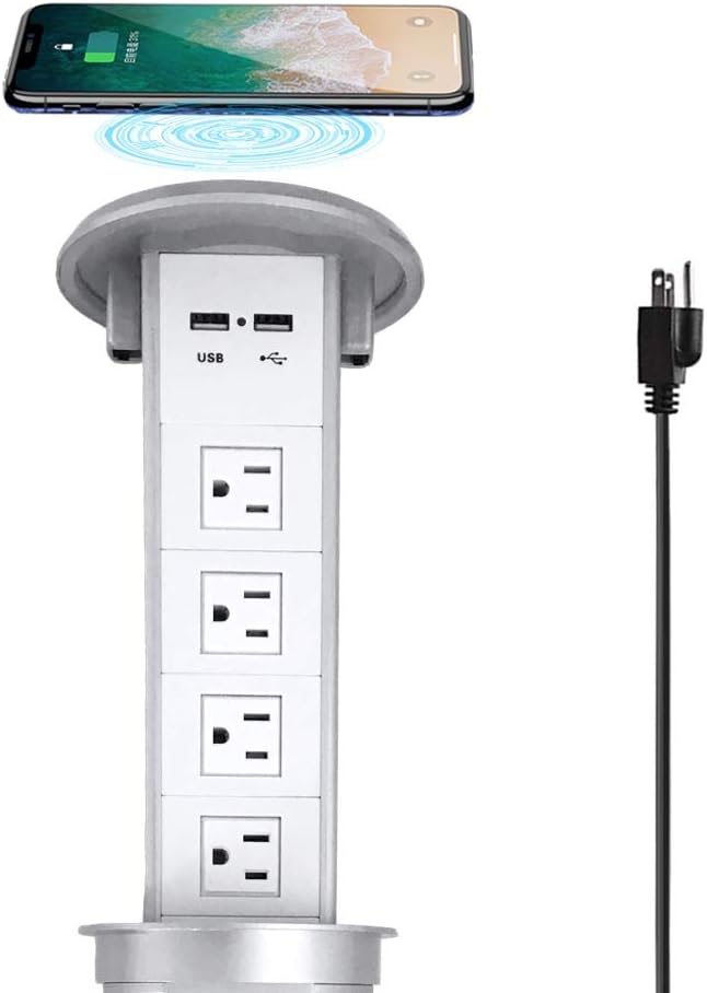 Black Pop up Outlet with Wireless Charger, 4 US Power USB Ports N658