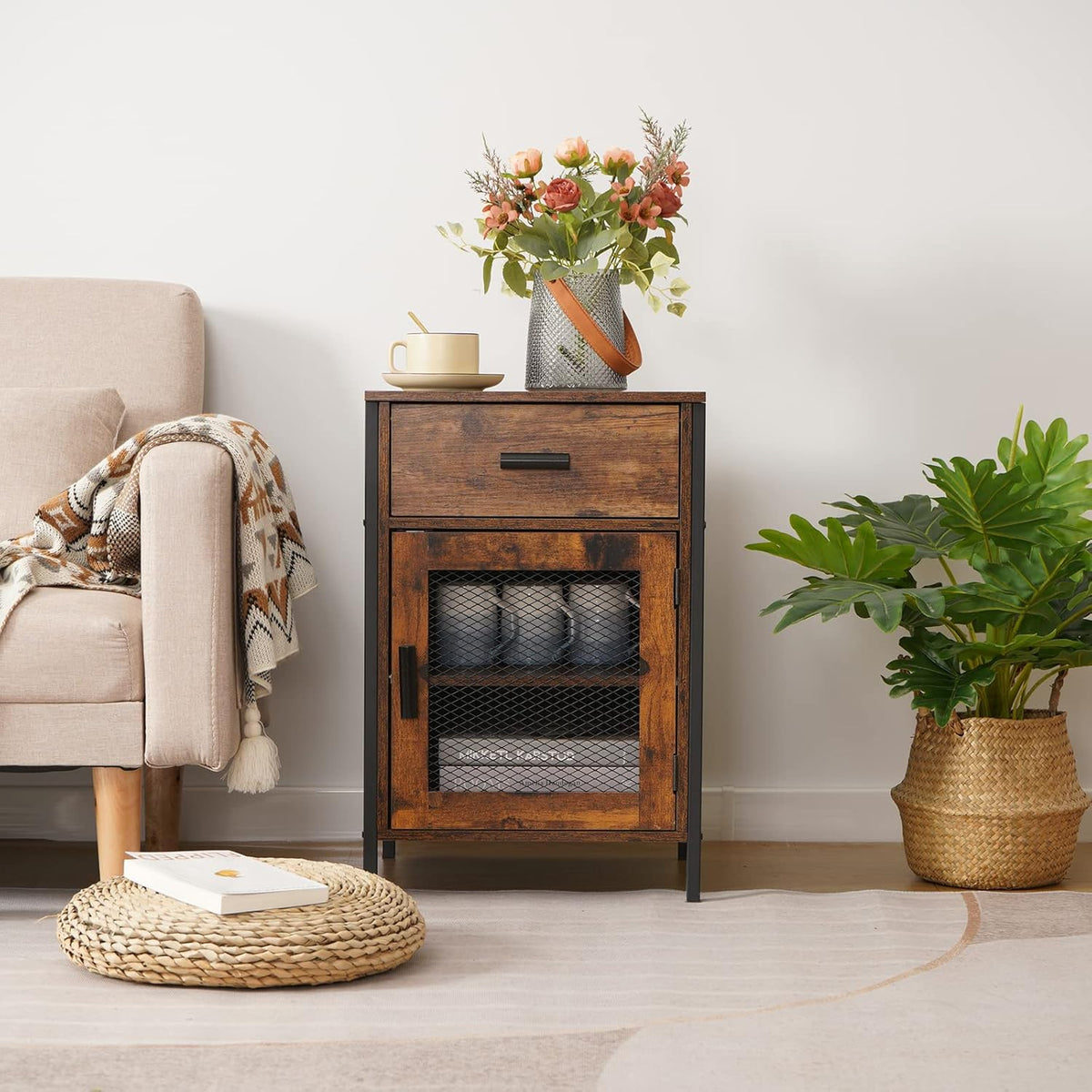 Rustic Brown End Table with Drawer and Mesh Door B292