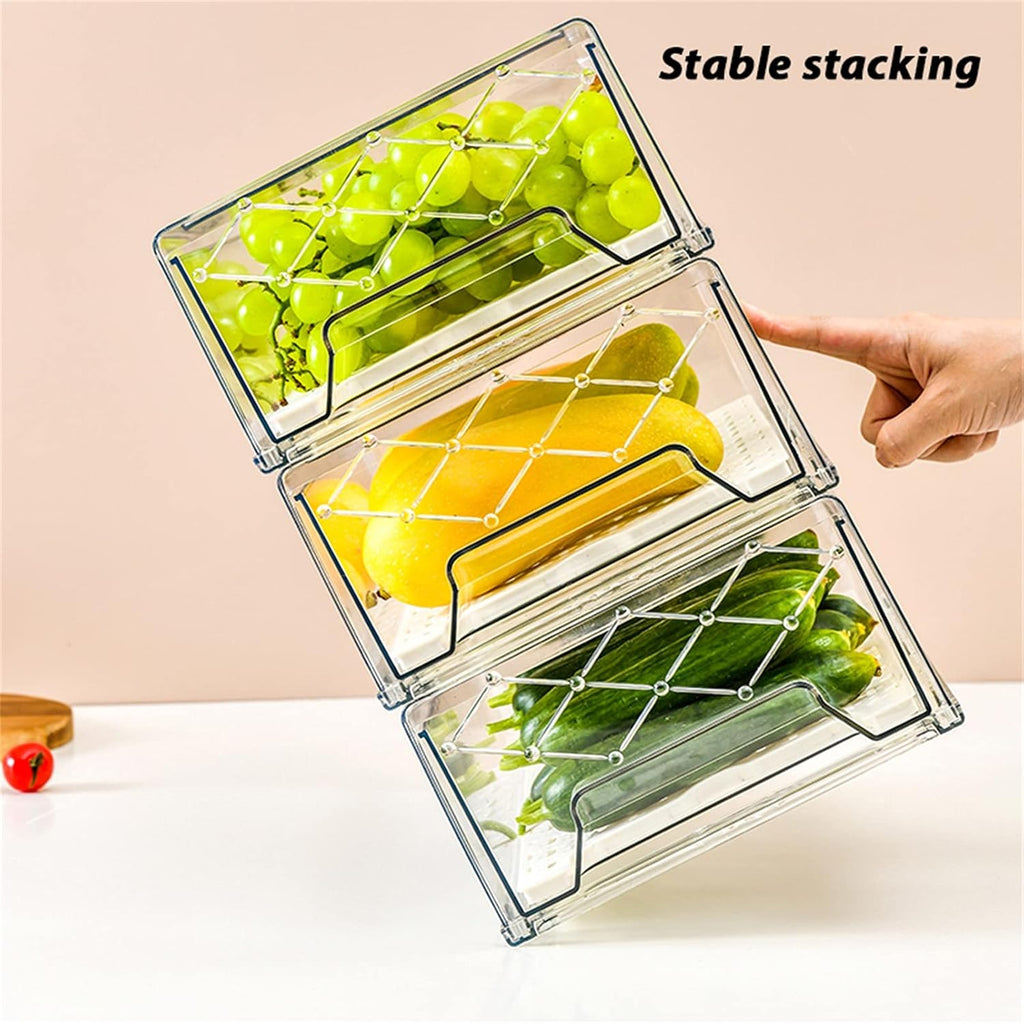 Plastic Stackable Fridge Organizer Bins with Removable Drain Tray, 2 Pack R2305