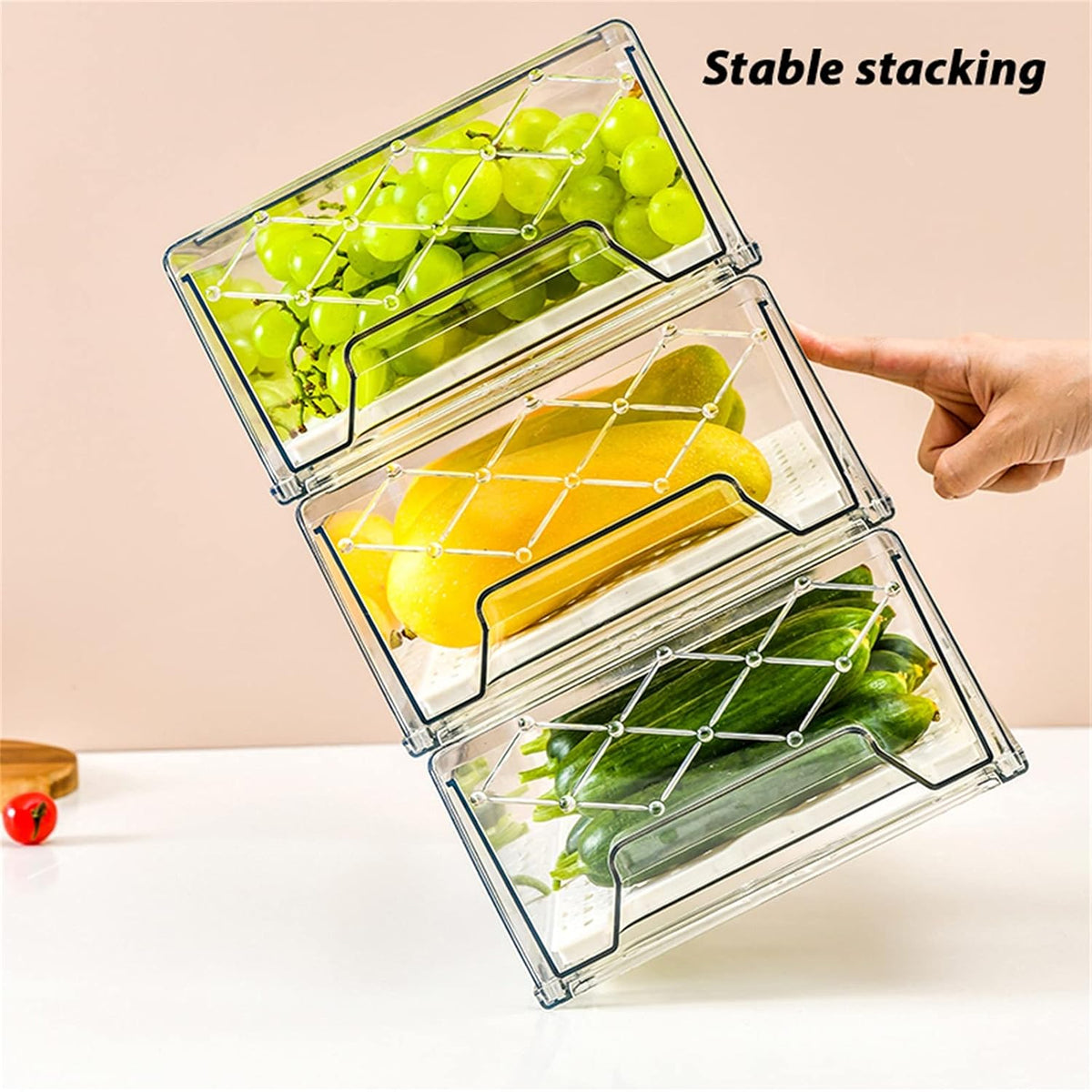 Plastic Stackable Fridge Organizer Bins with Removable Drain Tray, 2 Pack R2305
