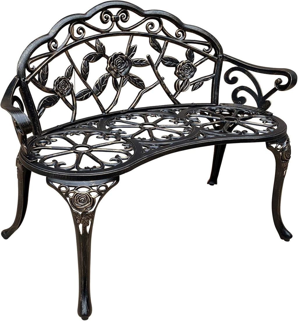 White Cast-Aluminum Metal Garden Bench with Floral Rose X9640