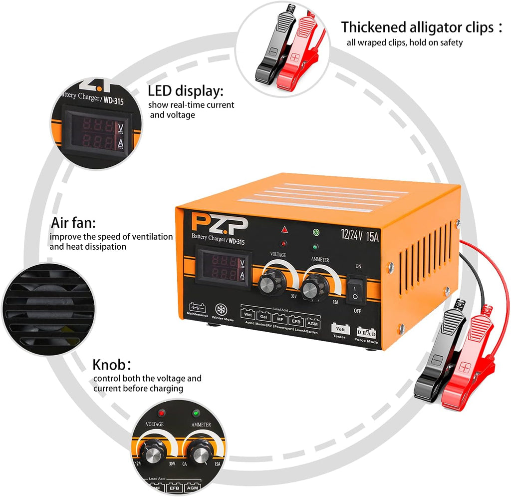 24v Battery Charger 15-Amp Automotive Car Battery Fast Trickle Charger and Maintainer 12v/15a 24v/7.5a Q276634