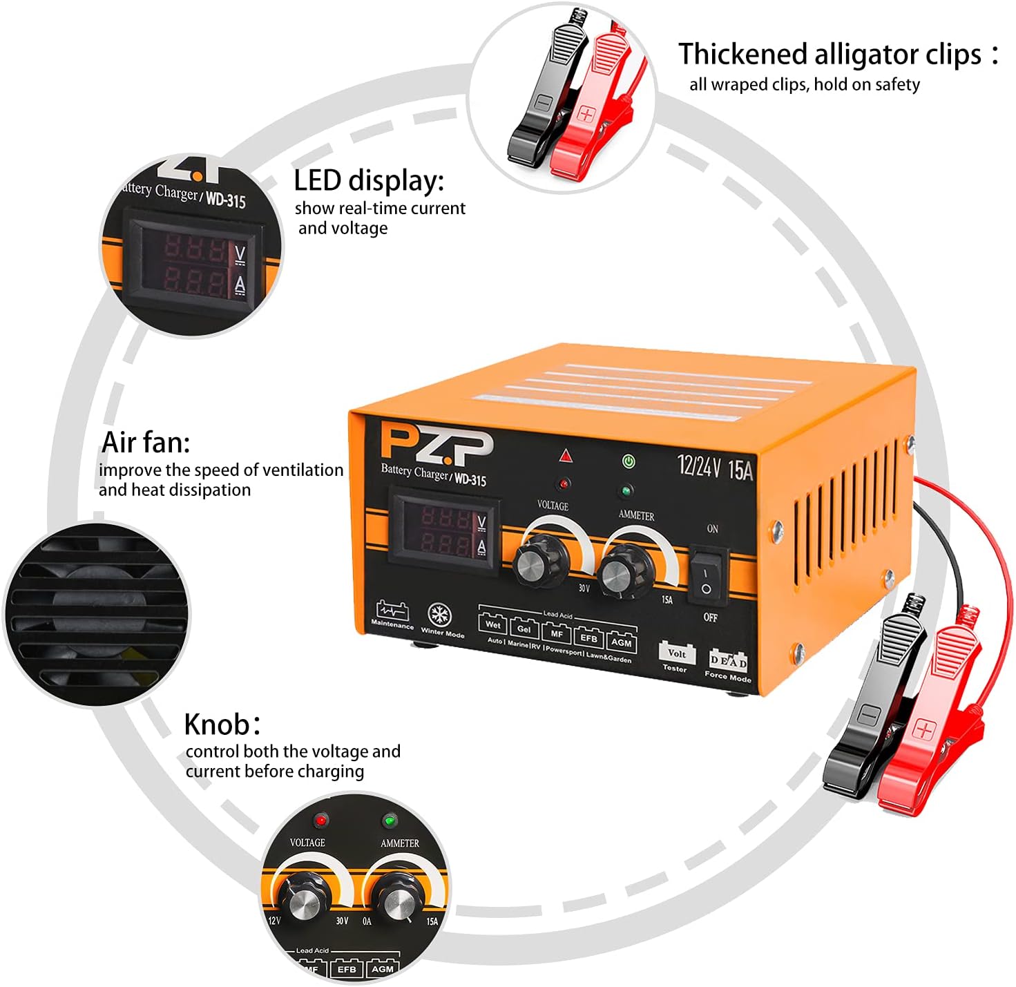 24v Battery Charger 15-Amp Automotive Car Battery Fast Trickle Charger and Maintainer 12v/15a 24v/7.5a Q276634