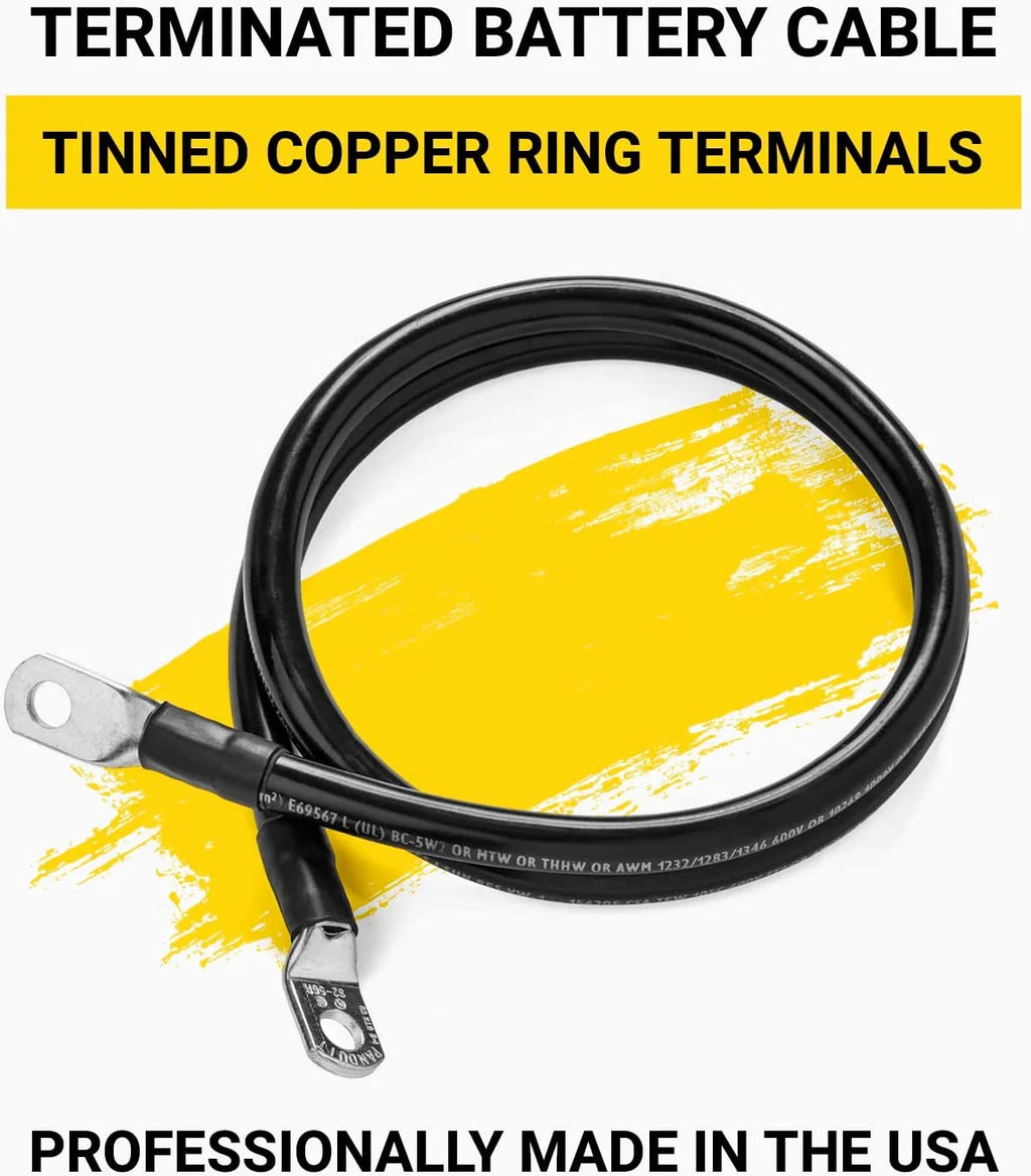 Black 10 Foot 2/0 AWG Battery Cable with 3/8" Ring Terminals B7002