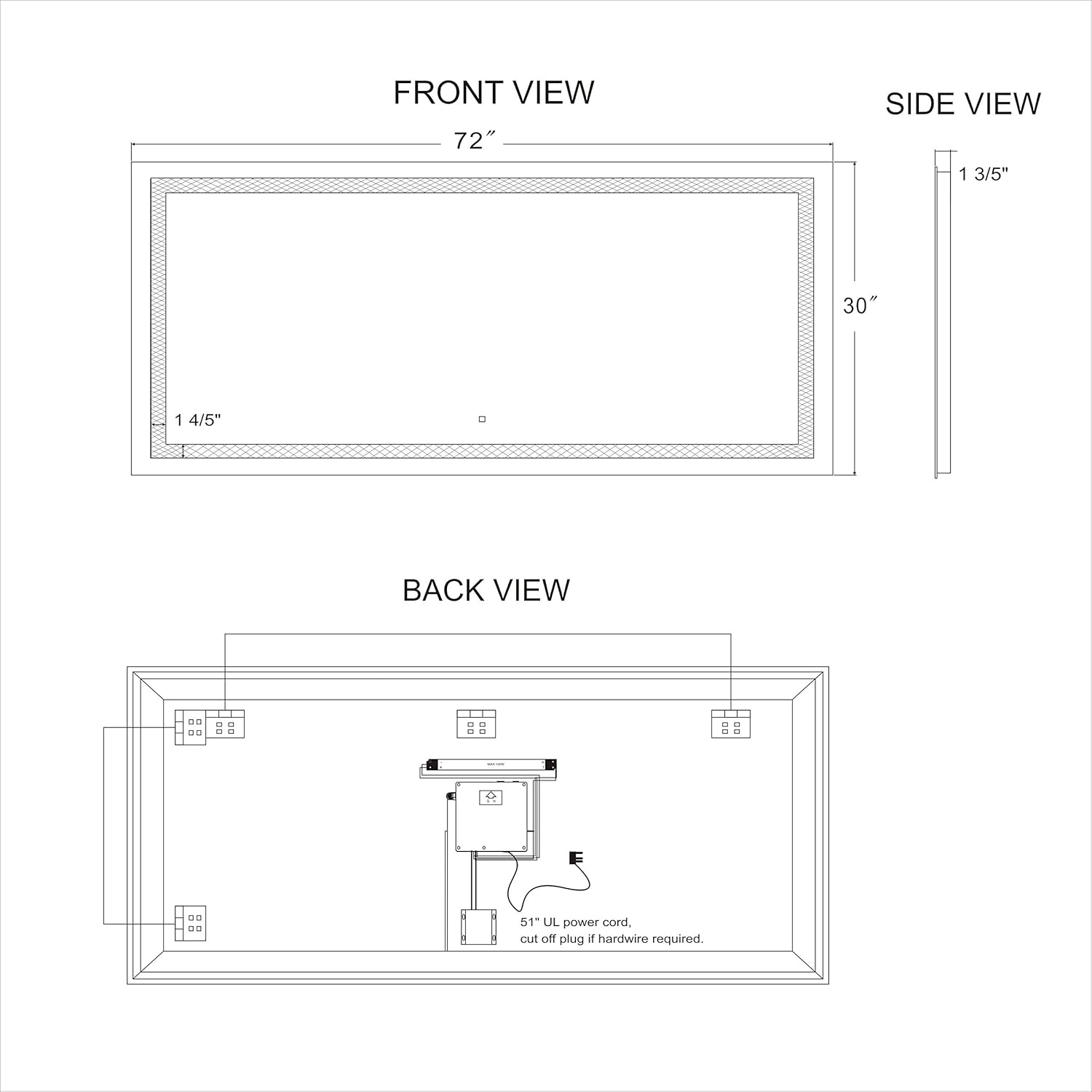 72x30Inch LED Lighted Bathroom Mirror Wall Mounted Dimmer Touch Switch IP44 Waterproof 6500K Cool White CRI>90 Vertical& Horizontal O6742