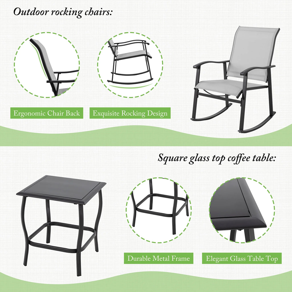 3 Piece Rocking Bistro Set with Glass Coffee Table Light Gray D78004