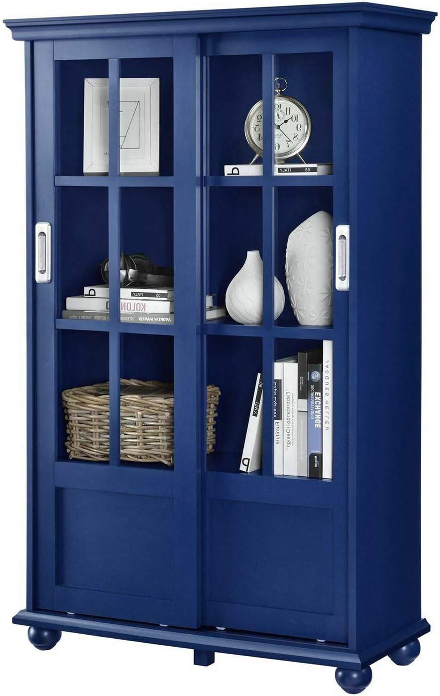 Navy Blue 4 Shelves Wooden Bookcase with Glass Door Q978