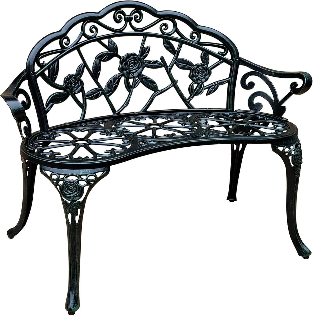 White Cast-Aluminum Metal Garden Bench with Floral Rose X9640