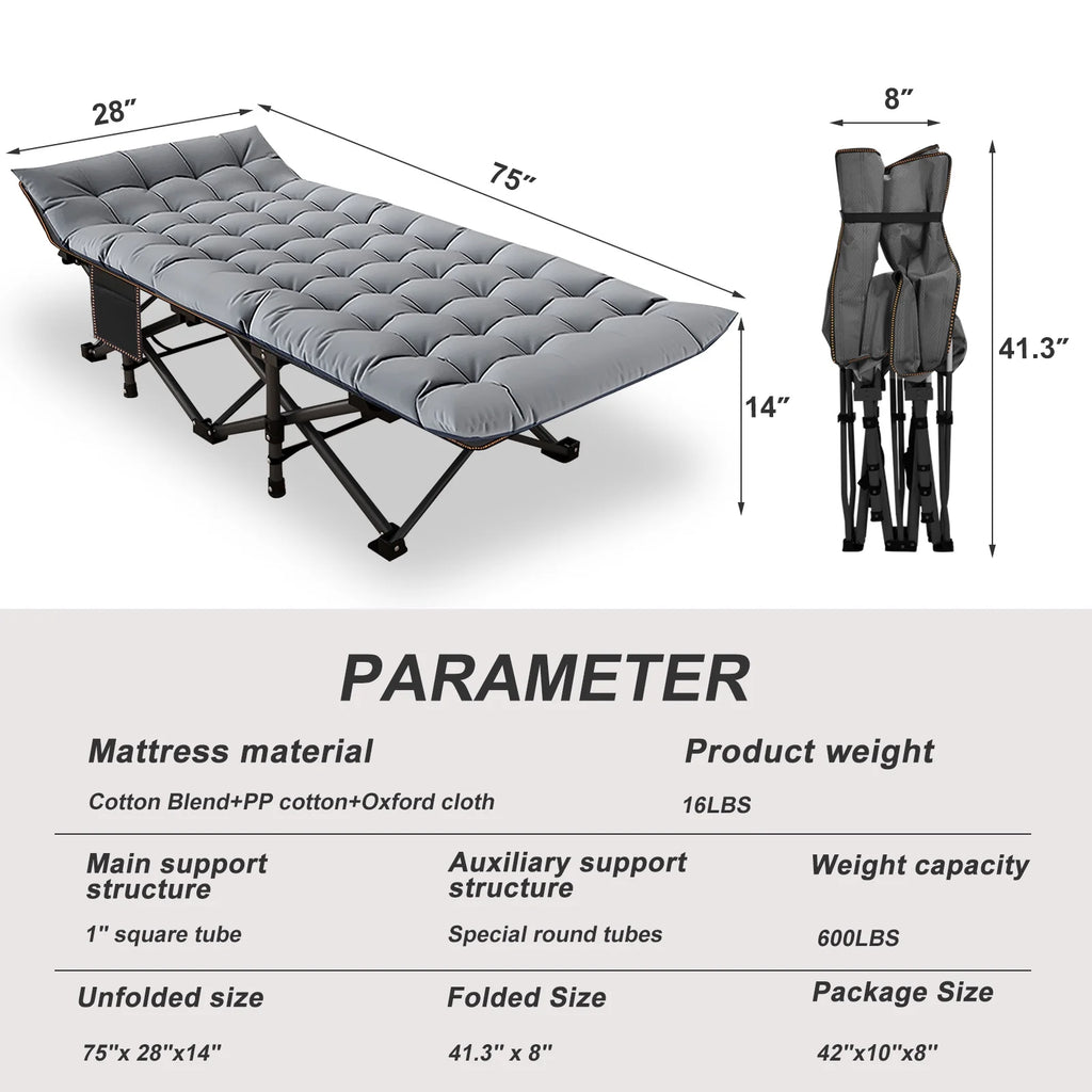 Folding Camping Cot with Mattress and Carry Bag, Black Gray, 75x28x14 Inch S7748
