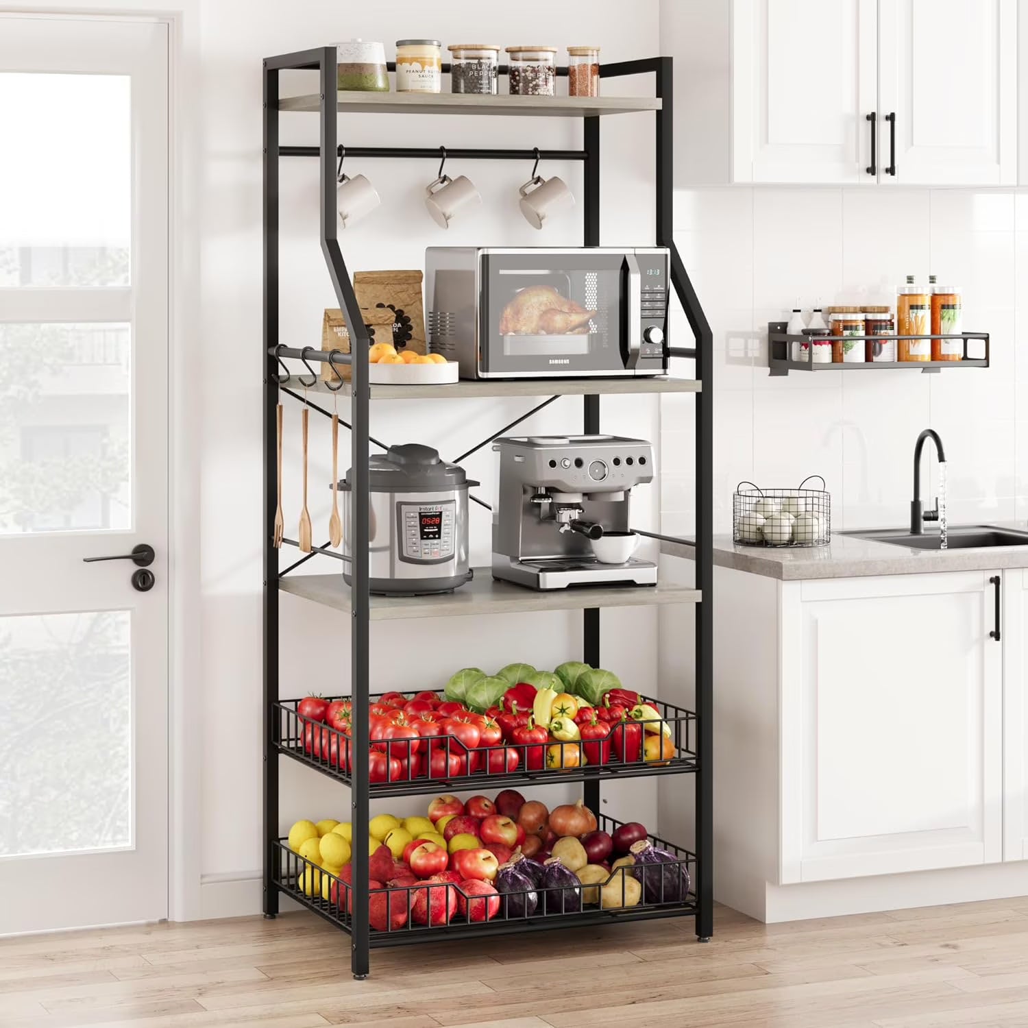 Rustic Gray 5-Tier Microwave Stand with Anti-Tip Kit E36690
