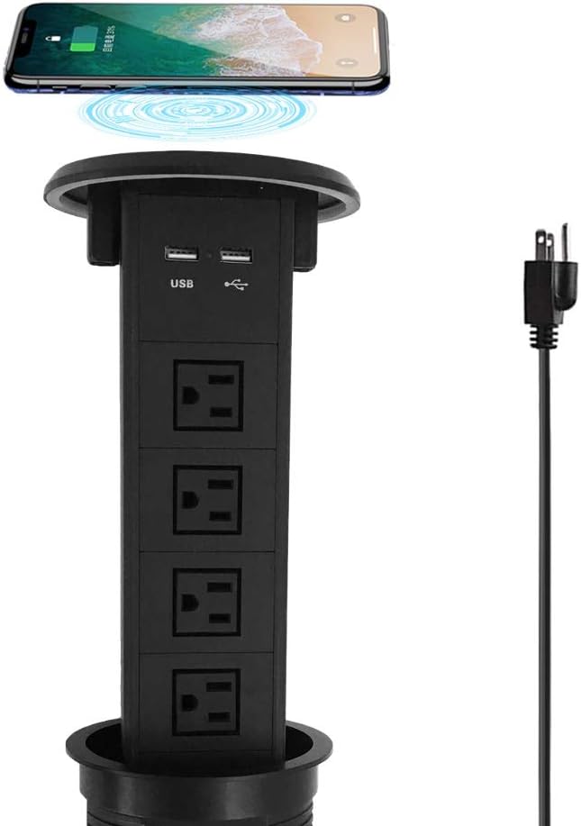 Black Pop up Outlet with Wireless Charger, 4 US Power USB Ports N658