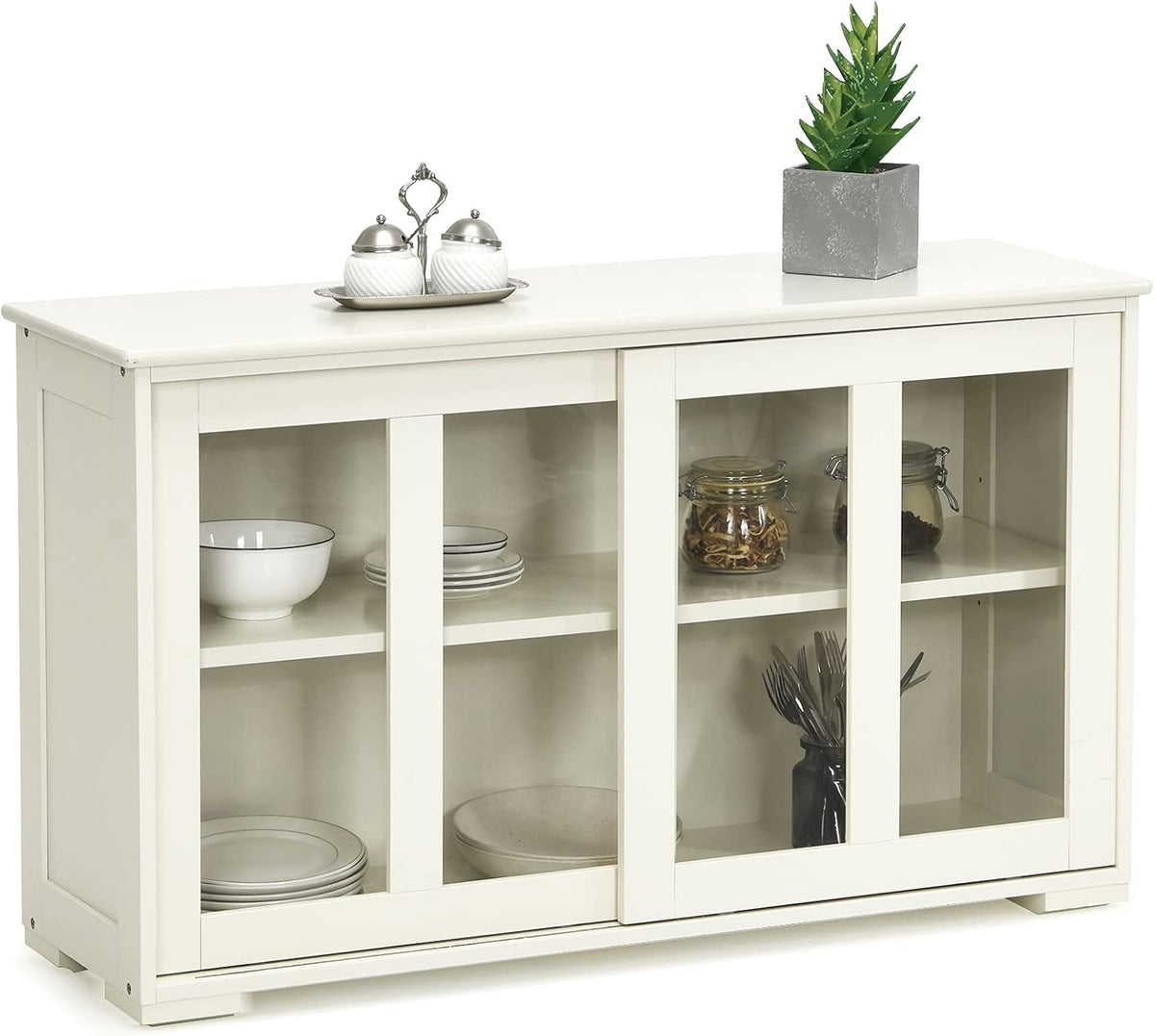Antique Stackable Sideboard Cabinet with Sliding Door Window V9315