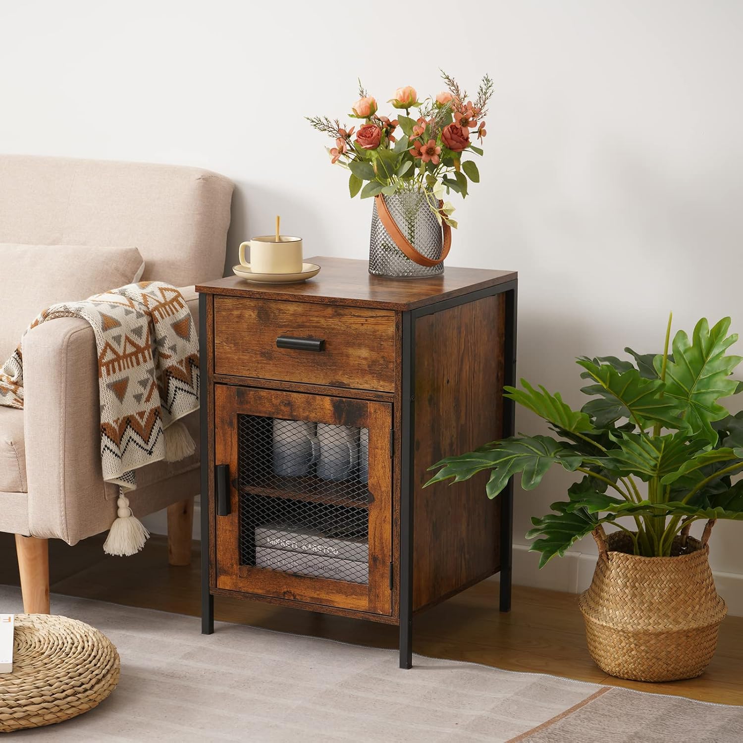 Rustic Brown End Table with Drawer and Mesh Door B292