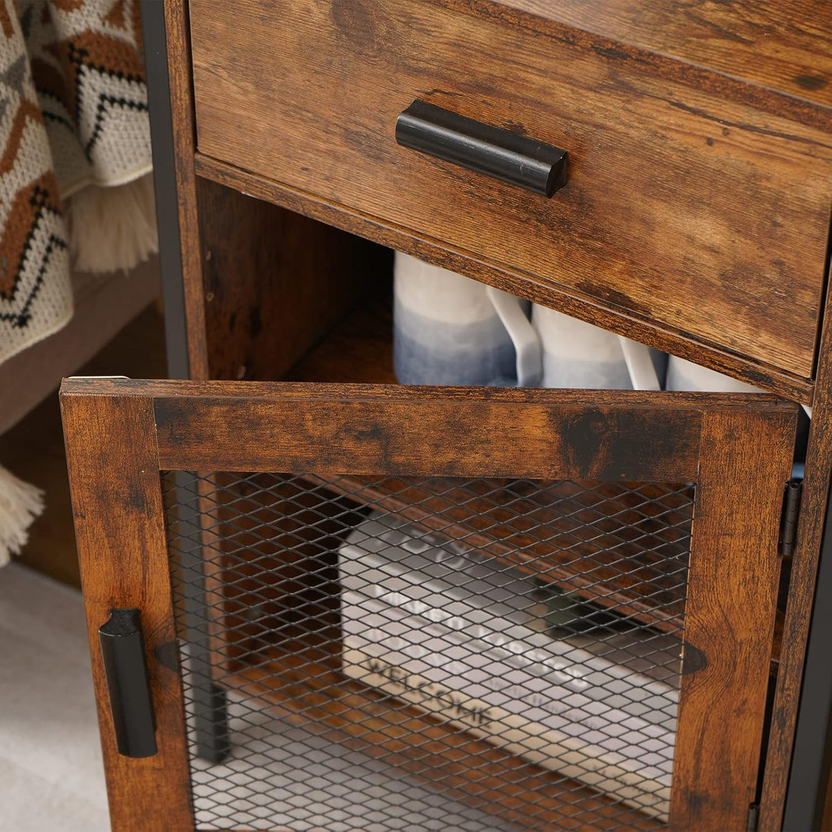 Rustic Brown End Table with Drawer and Mesh Door B292