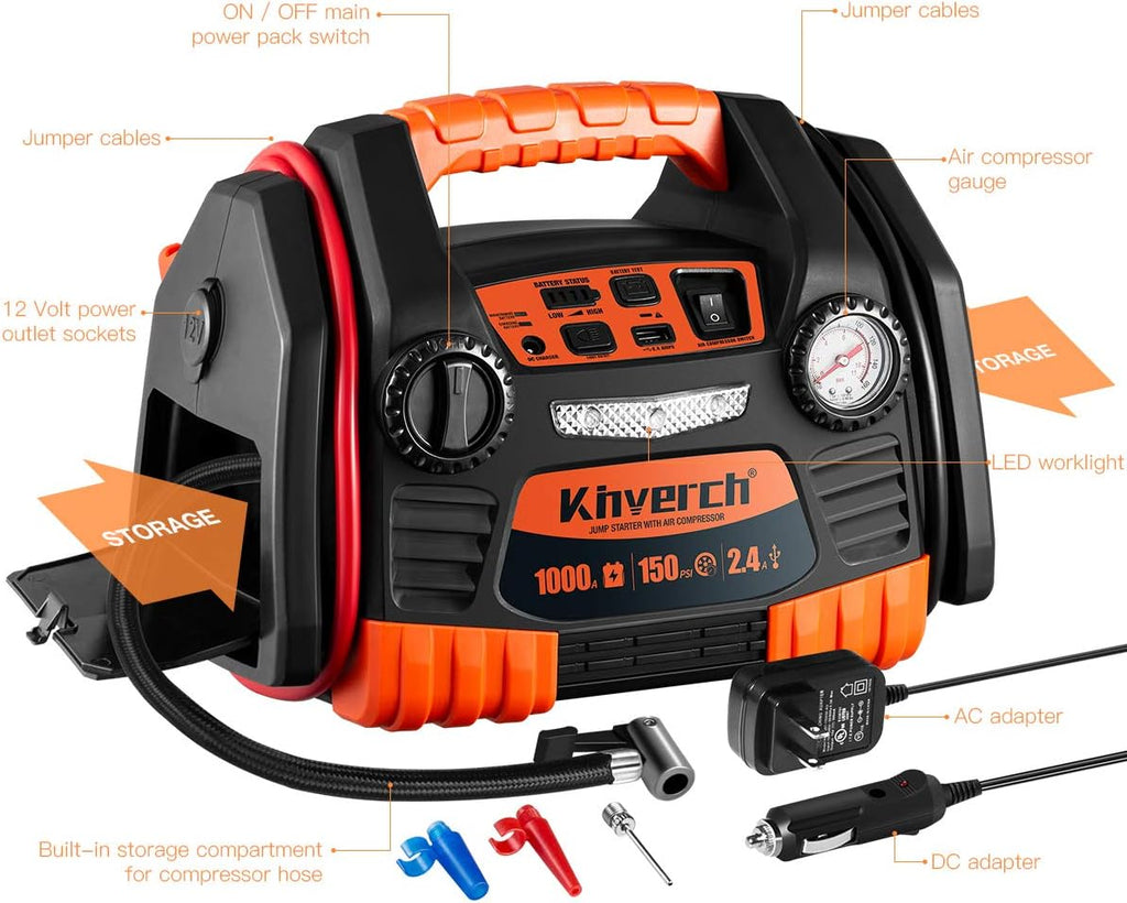Portable Car Jump Starter 1000 Peak Amp 12-Volt with 1-USB 1-12V Power Ports & 150 PSI Air Compressor C408