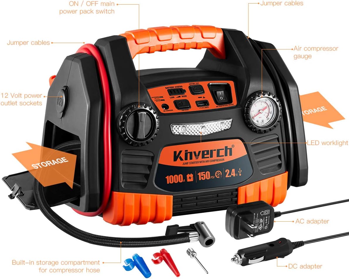 Portable Car Jump Starter 1000 Peak Amp 12-Volt with 1-USB 1-12V Power Ports & 150 PSI Air Compressor C408
