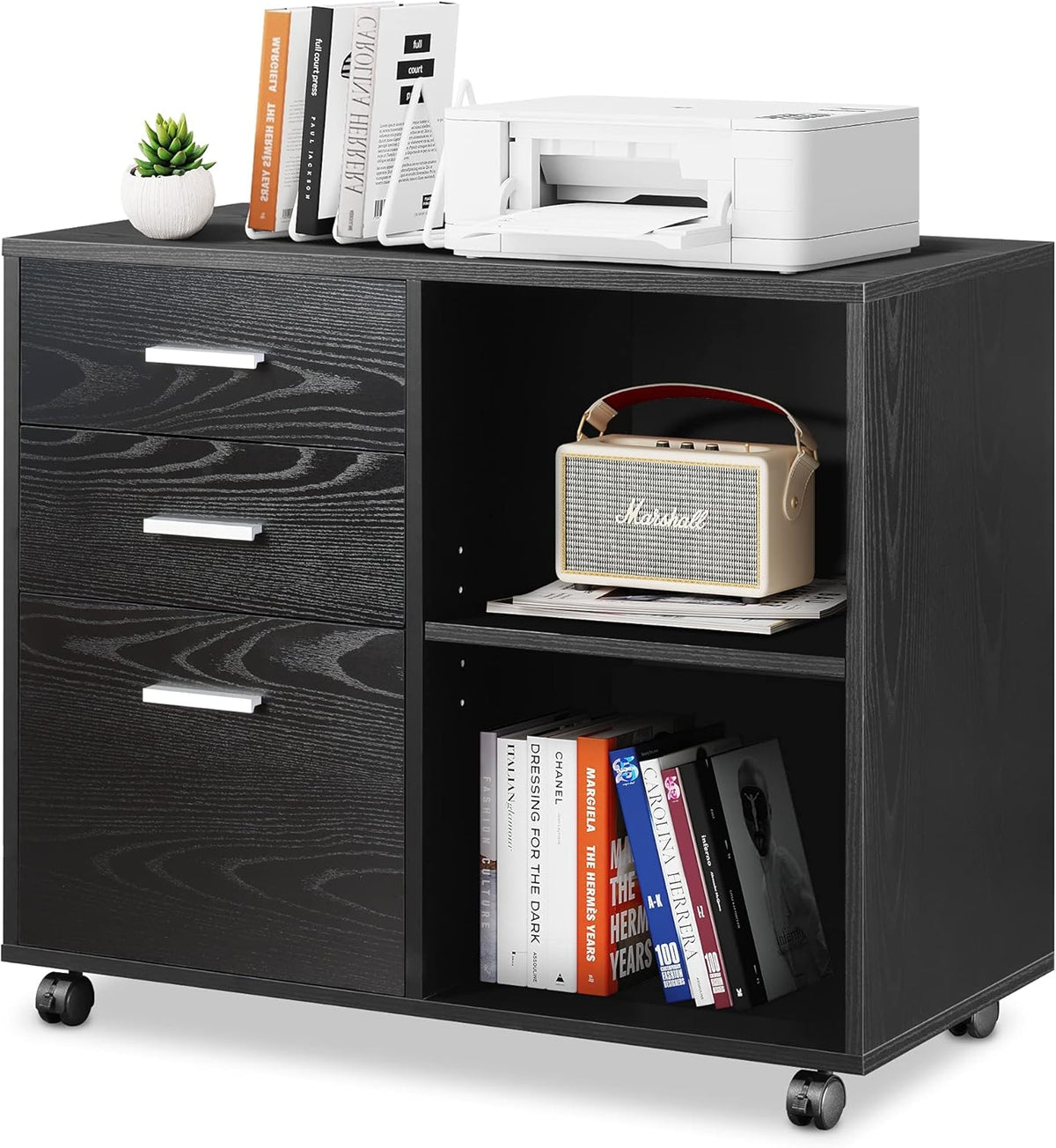 Black 3-Drawer Wood Mobile Lateral Filing Cabinet with Open Storage Shelves U682335