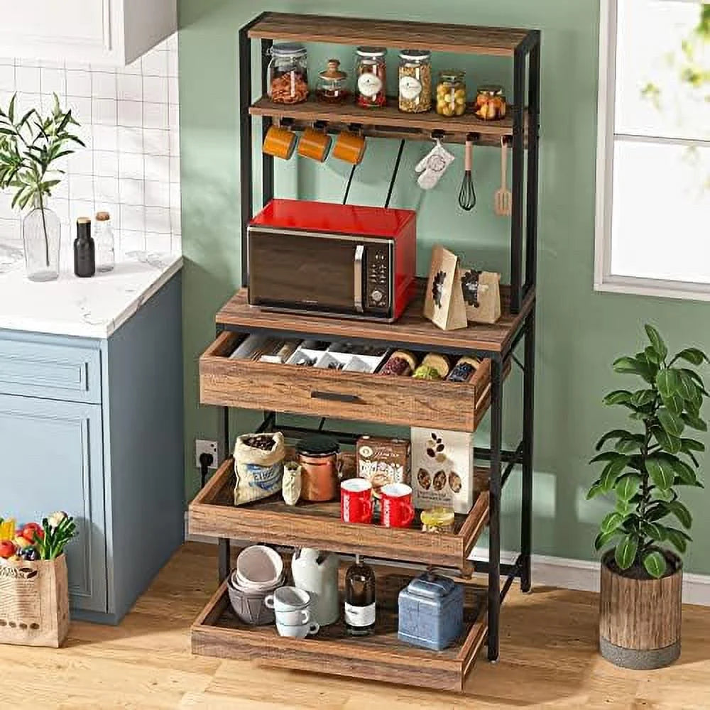 Rustic Brown 5-Tier Kitchen Bakers Rack with Power Outlets X2186