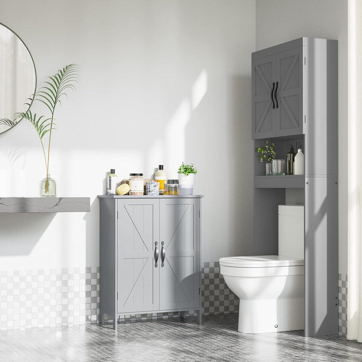 Gray Wooden Bathroom Floor Storage Cabinet with 2 Doors & Adjustable Shelves I9058