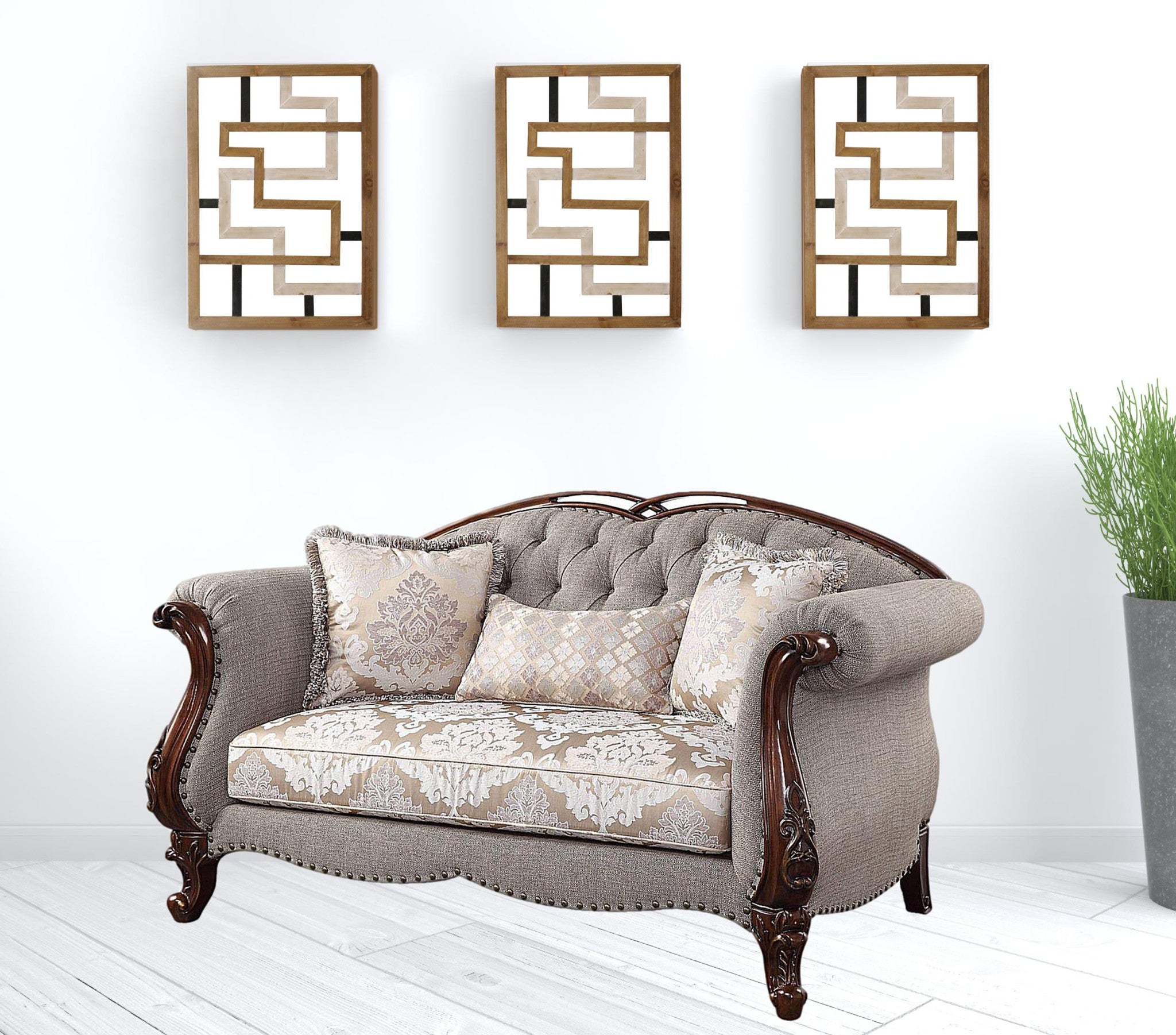 Beige Linen Love Seat Sofa with Toss Pillows V72494
